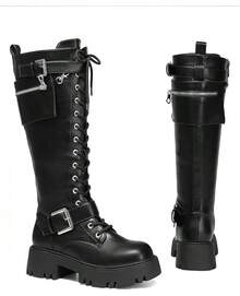 Women's Combat Riding Platform Knee High Boots, Lace Up Fall Lug Sole Gothic Motorcycle Boots With Inside Zipper, 2025 Style - 黑色 - 查看 5