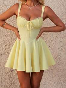 WOWDARK Women's Winter Dress, Yellow Valentine's Day Dress, Fashion Spaghetti Strap Lace Trim A-Line Party Dress, Suitable For Valentine's Day, Dates, Gatherings, Parties, Travel, Vacation, Beach And Other Occasions - Yellow - View 3