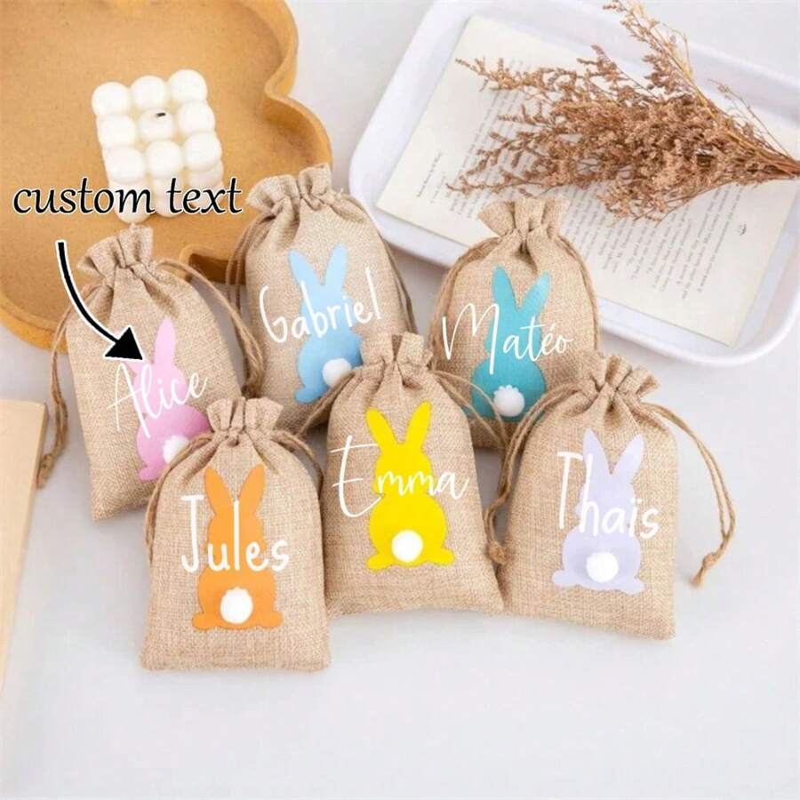 Personalised Easter Bunny Bag With Name , Burlap Bunny Drawstring Bag, Mini Easter Basket For Kids, Treat Bags, Easter Gifts Boys Or Girls,Multifunction,Vintage,Colorful,Cute,Contracted,Custom,Personalized,Unique,Customized,Girlfriend,Boyfriend,Family,Friends,Beach Bag - Multicolor - View 1