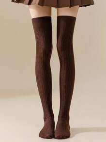 Solid Color Cable Knit Knee High Socks, Suitable For Pairing With Mini Skirts, Cozy - White - View 10