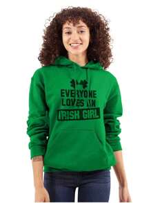BRISCO BRANDS St Patrick's Day Womens Graphic Fleece Lined Pullover Hoodie Saint Paddy's Day Everyone Loves An Irish Girl Four Leaf Clover Shamrock Ladies Casual Fashion Cotton Printed Thermal Lined Drawstring Hooded Sweatshirt Kangaroo Pocket - 愛爾蘭綠 - 查看 1