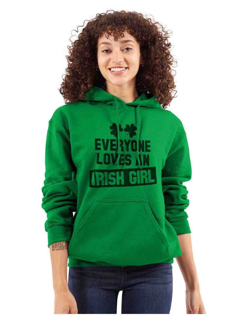 BRISCO BRANDS St Patrick's Day Womens Graphic Fleece Lined Pullover Hoodie Saint Paddy's Day Everyone Loves An Irish Girl Four Leaf Clover Shamrock Ladies Casual Fashion Cotton Printed Thermal Lined Drawstring Hooded Sweatshirt Kangaroo Pocket - 愛爾蘭綠 - 查看 1