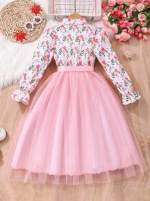 女童长袖翻领花卉印花网眼连衣裙（带腰带） - 粉色 - 查看 2