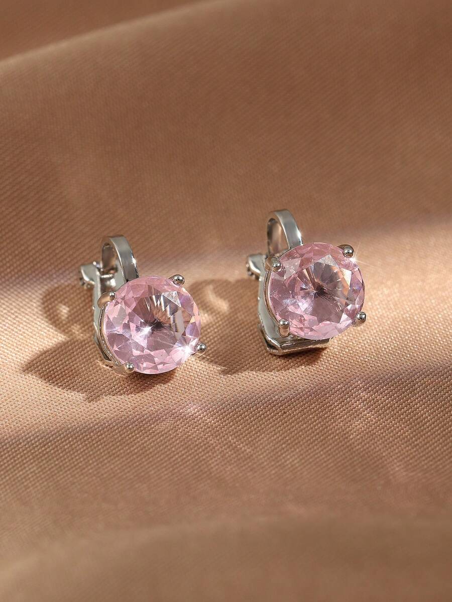 rakol 2pcs Fashionable Simple Cubic Zirconia Clip-On Earrings Gift For Women - Pink - View 1