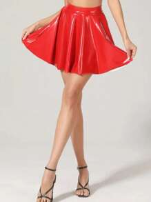 Shiny Patent PU Pleated Sexy Mini Skirt For Women - Red - View 1