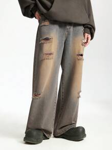 INFLATION Distressed Pocket Wide Leg Loose Fit Men's Jeans - Brown - View 5