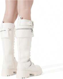 Women's Combat Riding Platform Knee High Boots, Lace Up Fall Lug Sole Gothic Motorcycle Boots With Inside Zipper, 2025 Style - White - View 9