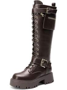 Women's Combat Riding Platform Knee High Boots, Lace Up Fall Lug Sole Gothic Motorcycle Boots With Inside Zipper, 2025 Style - Brown - View 1