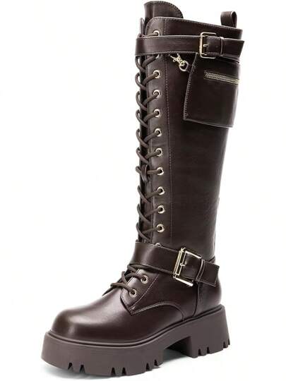 Women's Combat Riding Platform Knee High Boots, Lace Up Fall Lug Sole Gothic Motorcycle Boots With Inside Zipper, 2025 Style