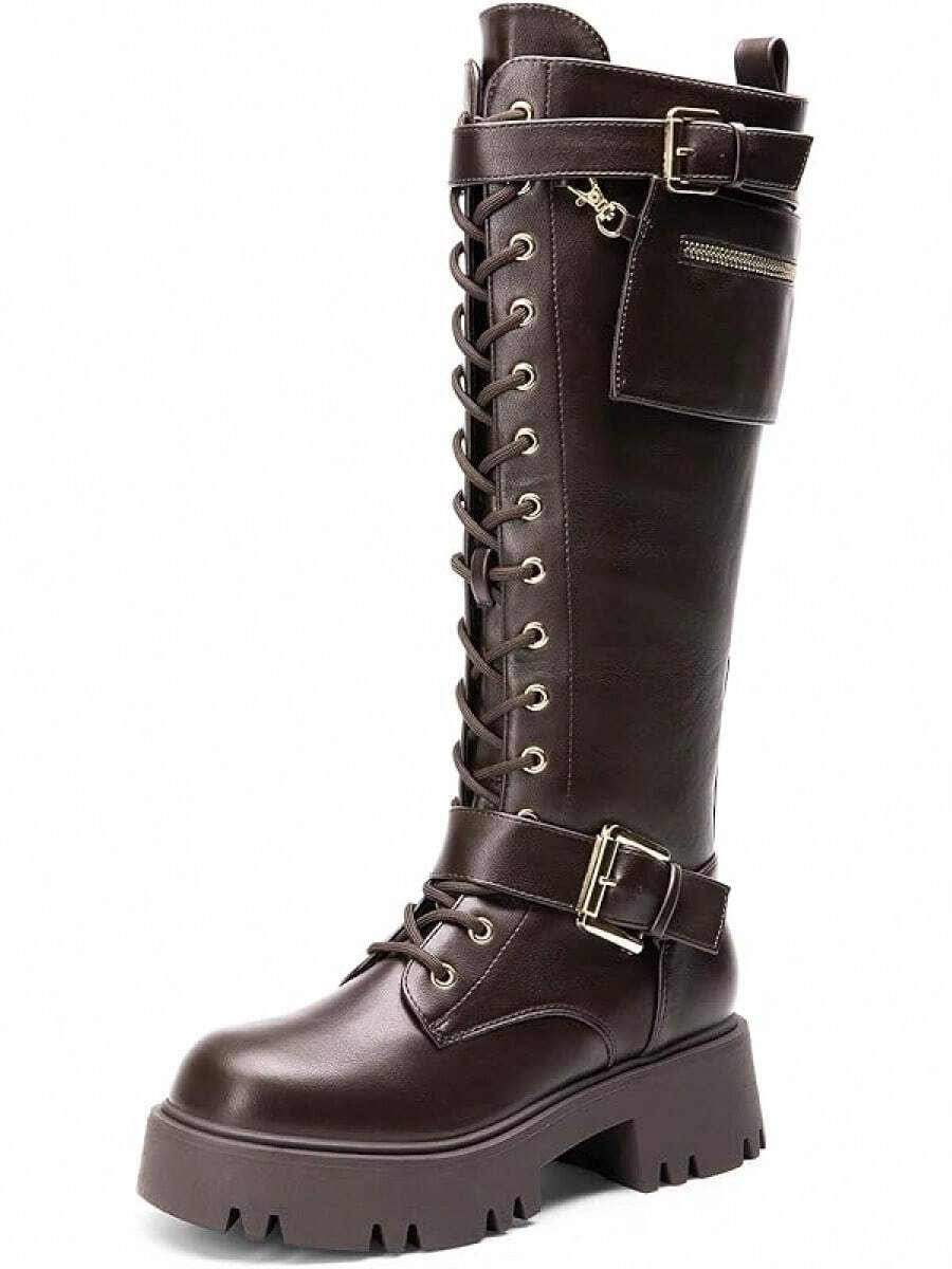 Women's Combat Riding Platform Knee High Boots, Lace Up Fall Lug Sole Gothic Motorcycle Boots With Inside Zipper, 2025 Style - Brown - View 1