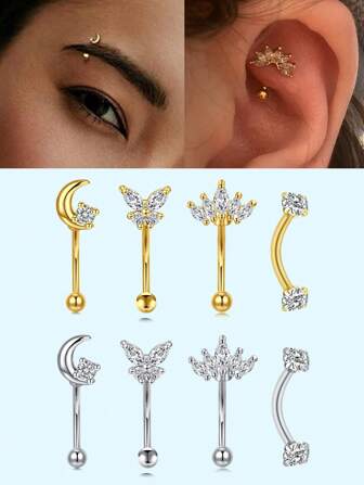 4Pcs Elegant Rook Daith Earrings, Eyebrow Rings 16G Stainless Steel Belly Lip Ring Cartilage Rook Daith Earrings CZ Body Piercing Curved Barbell, Women Men's Daily Wear