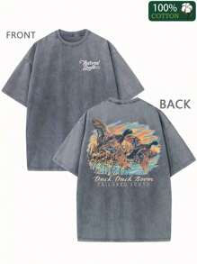 1 Piece, 230G Double-Sided Washed, Duck Print T-Shirt With Green Lake Flying, High-Quality Wax Printed Cotton Retro Fashion Brand T-Shirt, Suitable For Summer T-Shirt With A Certain Thickness, Holiday Gift
