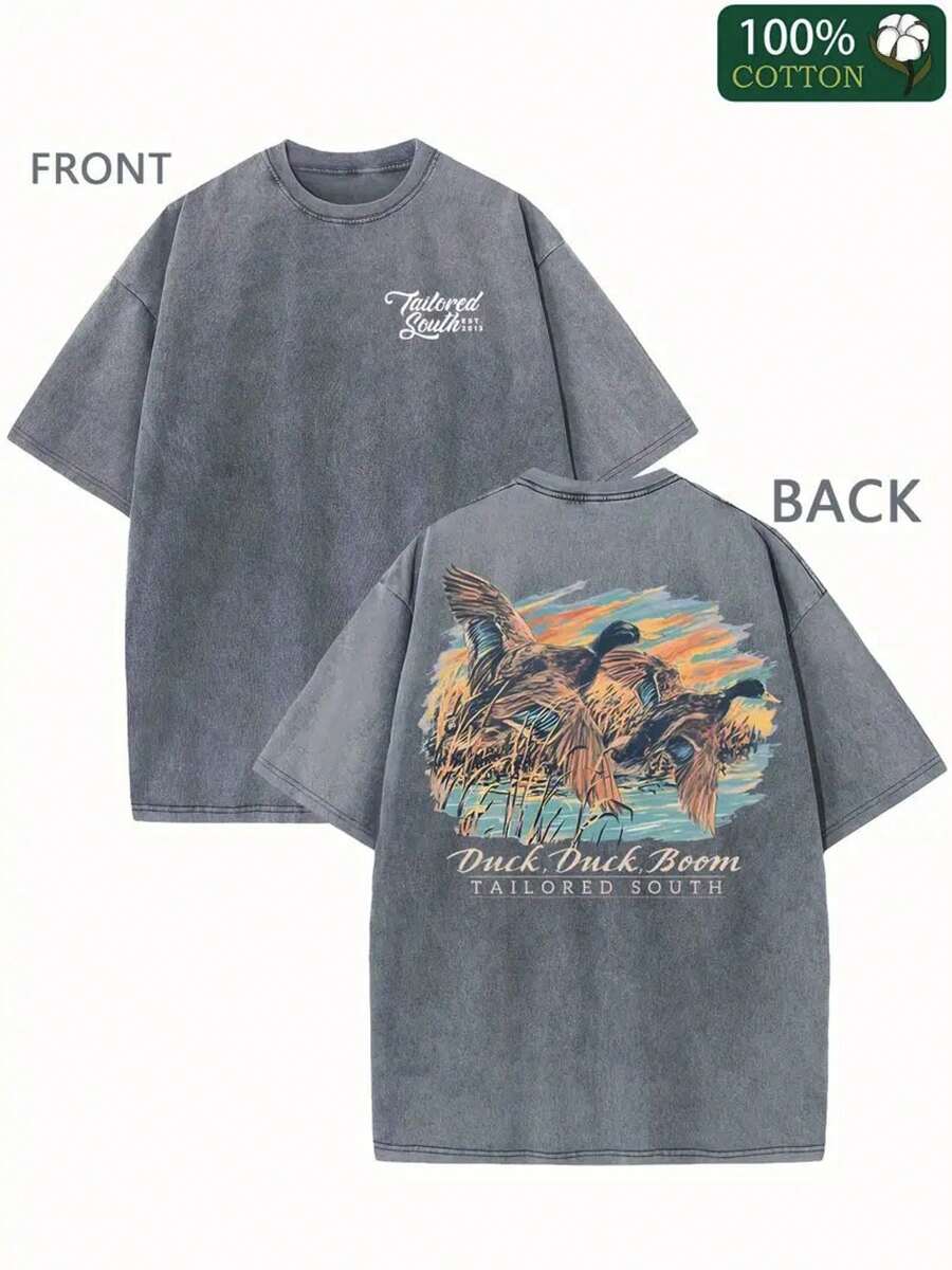 1 Piece, 230G Double-Sided Washed, Duck Print T-Shirt With Green Lake Flying, High-Quality Wax Printed Cotton Retro Fashion Brand T-Shirt, Suitable For Summer T-Shirt With A Certain Thickness, Holiday Gift