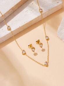 1 Set Gold Plated Rhinestone & Clear Heart Shaped Stainless Steel Earrings & Necklace Jewelry Set - Gold - View 3