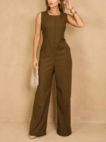 Elegant Linen Pantaloon Jumpsuit Wide Legs And Discreet Pockets - Moss Green - View 4