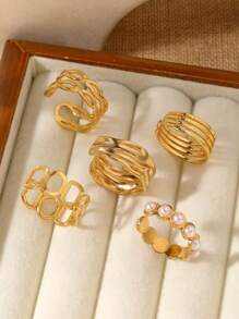 5pcs Set Stainless Steel 18K Gold Plated Geometric Open Ring With Faux Pearl, Exquisite Design, Suitable For Women's Daily Outfit, Holiday, Party, Engagement, Wedding Gift