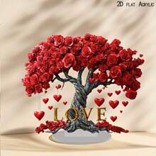 2D 亚克力浪漫树饰，带红玫瑰和心形装饰，波西米亚风格桌面装饰，适合情侣，随机孔设计