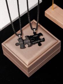 2pcs Stainless Steel Creative Geometric Puzzle Pendant Necklaces For Couples, "Her Weirdo, His Crazy" Letter Design Jewelry Sets, Gift For Christmas, New Year, Valentine's Day,Mom,Mother,Mother's Day,Gift - Multicolor - View 6