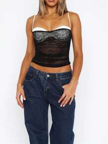 Y2k Hot Girl Floral Lace Crop Camisole Vest Tops Sleeveless Spaghetti Strap Low Cut Padded Tank Tops For Women Sexy See Through Backless Going Out Cami Tops Slim Fit Square Neck Shirt Summer Clubwear Streetwear Aesthetic Clothes - 黑色 - 查看 4