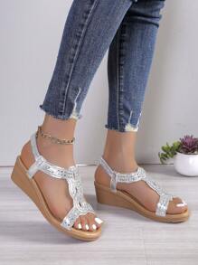 2022 Spring & Summer Women Rhinestone Embellished Peep Toe Comfortable Versatile Wedge Roman Style Sandals - Silver - View 3