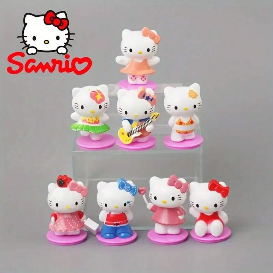 Sanrio 1 Set Of 8pcs Cute Handmade Kitty Cat Doll Model, Desktop Car Decor, Home Collection Gift Gifts Birthday Graduation