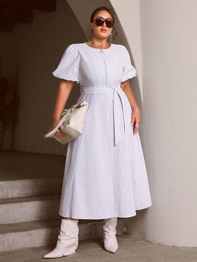 Simplee 大码女装夏季新款时尚通勤条纹拉链领短袖前系带长连衣裙，适合外出、工作和度假穿着