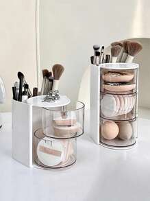 1pc Rotating Makeup Organizer Box With Drawers, Plastic Cosmetic Storage Box With Dividers, Compact Desktop Travel Makeup Box To Store Makeup Sponges, Makeup Brushes, Small Hair Ties, Clips,For Holiday Beach, Bathroom Collection, Bedroom Collection, Large Capacity
