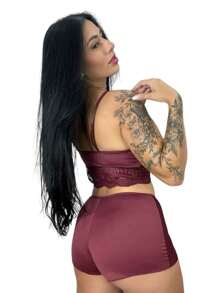 Women's Babydoll With Lace Details In Nightwear Short Pajamas - 酒紅色 - 查看 2