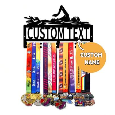 1 pieza Estante personalizado para exhibir medallas de atleta de natación, colgador de medallas con texto personalizado de nombre, decoración de pared de arte de hierro para dormitorio, sala de estar, entrada, etc.
