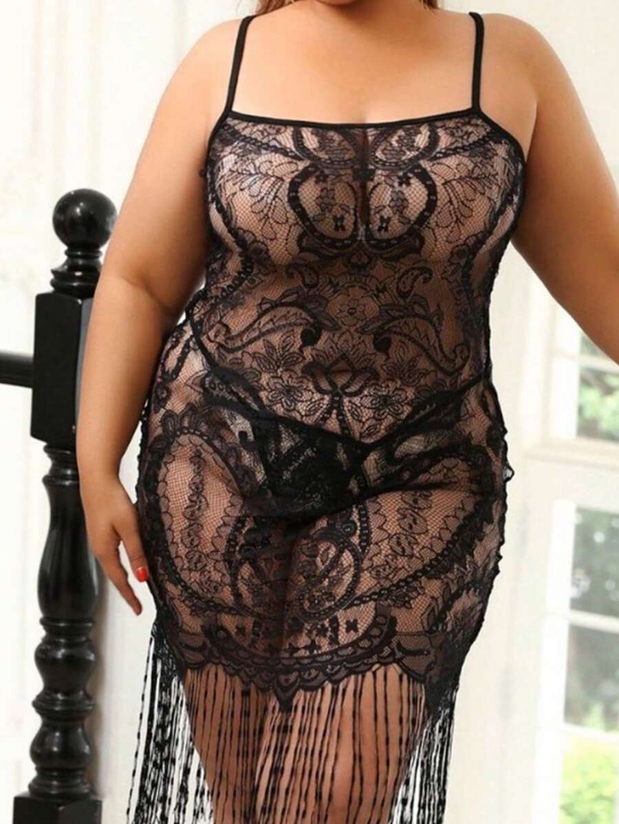 2pcs/Set Plus Size Women Lace Sexy Lingerie See-Through Slip Dress With Tassel, Suitable For Home Use - Black - View 1