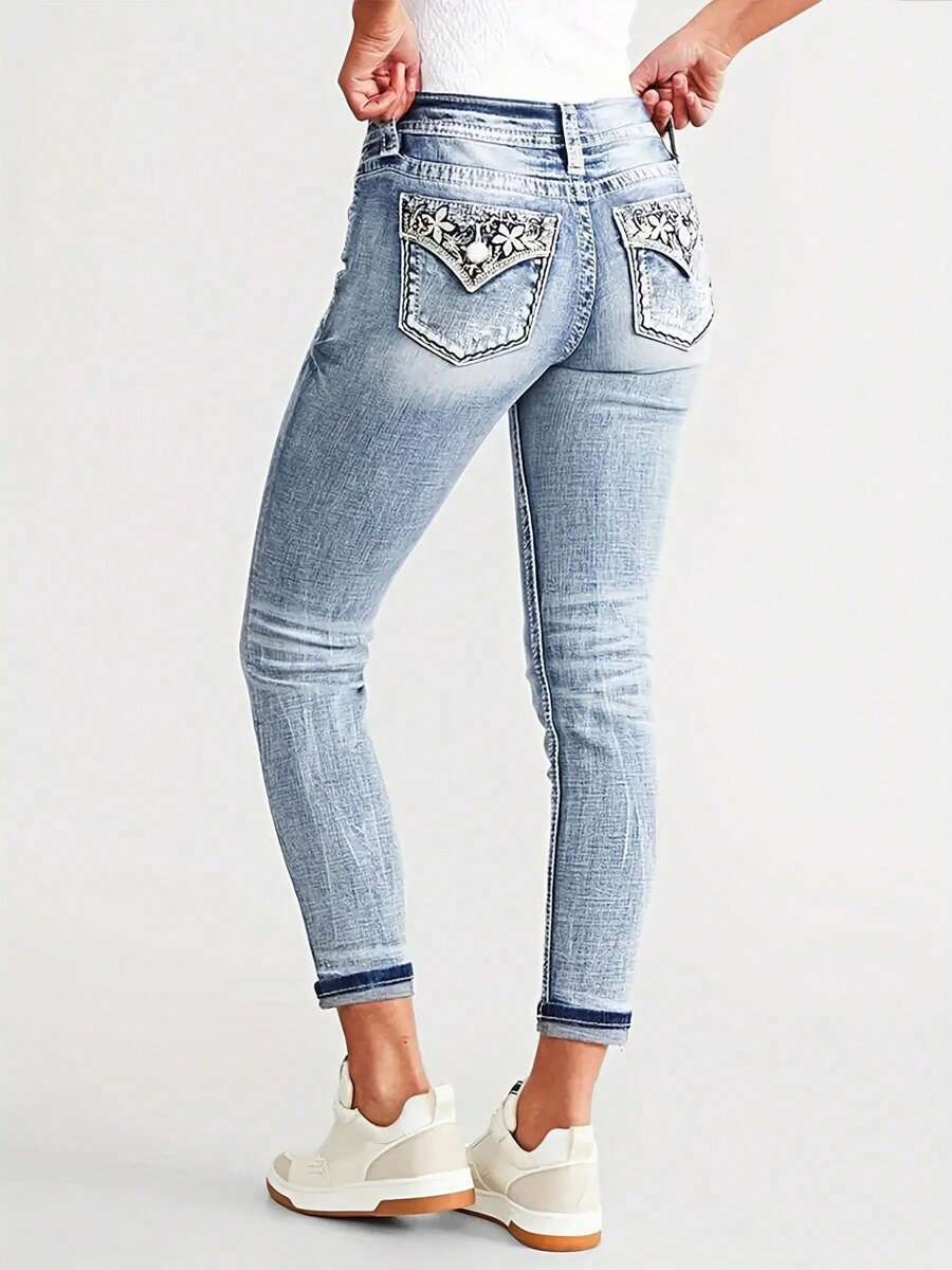 Ladies High Waist Slim Jeans Wash Stretch Jeans - Rửa nhẹ - Xem 1