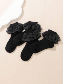 4 Pairs Girls Hollow Floral Lace Black Solid Color Mesh Lace Princess Ankle Socks - Black - View 3