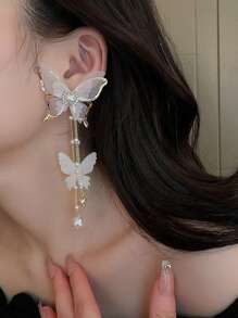 1 par de pendientes elegantes con borlas largas, mariposas, perlas falsas y strass en estilo retro para mujeres