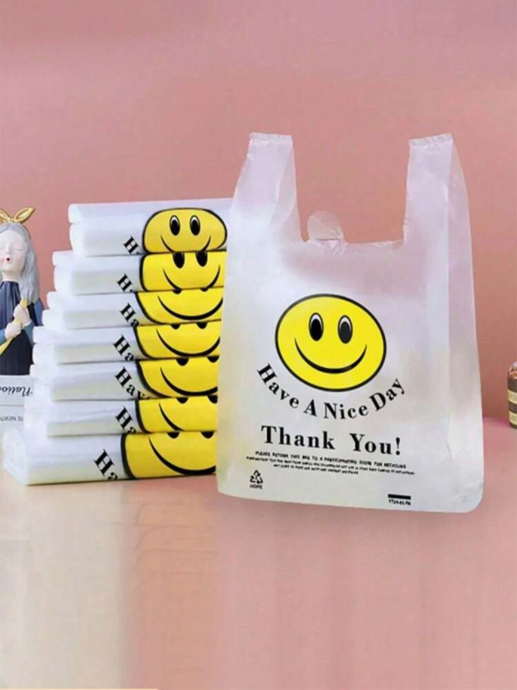 50pcs/100pcs Reusable Plastic Shopping Bags - Suitable For Groceries, T-Shirts, Etc. - Ideal For Stores, Malls And Home Use, Random Patterns And Text, Convenient Bags, Shopping Bags, Tote Bags, Storage Bags, Party Supplies, Back To School, Some Printing Or Marks Do Not Affect Use - Multicolor - View 2