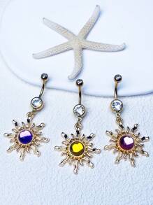 1 Pc Fashionable Rhinestone Sun Style Belly Button Ring For Women, Sexy Beach Holiday Sweet & Cool Navel Piercing Jewelry Stainless Steel Body Piercing Accessories