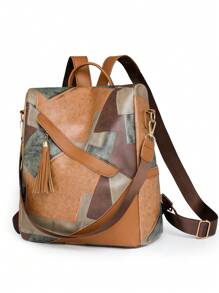 1pc Fashionable Contrast Color Women Backpack, Large Capacity Travel Bag With Adjustable PU Strap - Brown - View 3