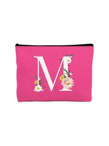 首字母印花拼布女士化妆包 玫红色小包 化妆包 便携洗漱包 教师节礼物 可重复使用化妆包 带雏菊白色字母印花 女士简约大容量旅行化妆包