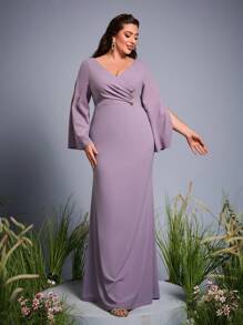Magicy Plus Size V-Neck Asymmetrical Crossed Draped Butterfly Decorated Button Split Long Sleeve Mermaid Bodycon Long Dress Bridesmaid Dress