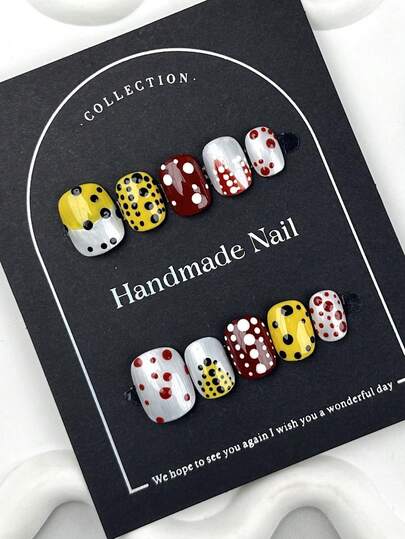 10pcs Square Shaped Handmade Asymmetrical Dotted Punk Style Luxurious Minimalist Versatile Nail Appliques, Elongating Fingers, Suitable For Party, Dance, Daily Wear; Reusable Press-On Nails Set With Jelly Gel And Buffer Block Included
