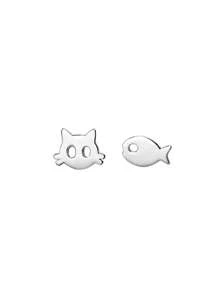 1 Pair S925 Sterling Silver Asymmetric Cat And Fish Design Stud Earrings For Women