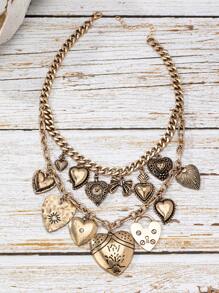 1 Pc Vintage Heart Locket Charm Necklaces Multi Heart Charms Statement Necklace Jewelry - Bronze - View 2