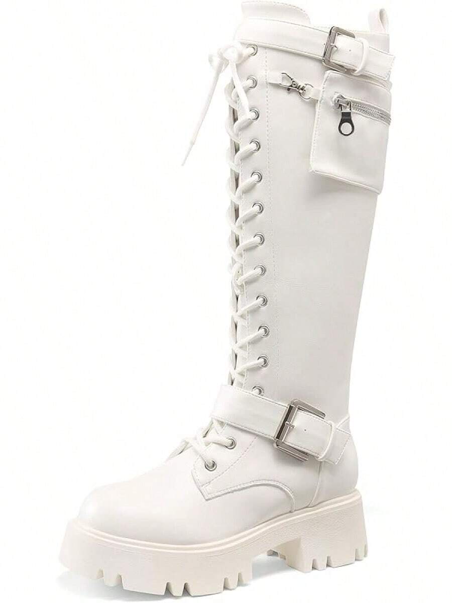 Women's Combat Riding Platform Knee High Boots, Lace Up Fall Lug Sole Gothic Motorcycle Boots With Inside Zipper, 2025 Style - White - View 1