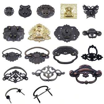1pc Antique Bronze Jewelry Box Hinge And Carved Clasp Lock Kit - Decorative Cabinet Small Antique Wooden Box Handicrafts Clasp Latch And Hinge Kit Vintage Carved Decorative Clasp Bronze Hardware Jewelry Box Wooden Box Furniture Decoration