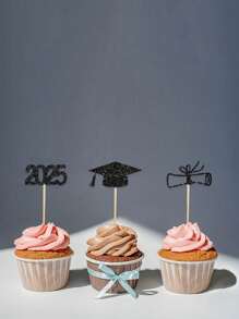 12pcs/Set 2025 Graduation Party Cake Toppers, Diploma Hat Cupcake Picks Dessert Decorations