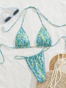 PEPPERMOLLY New Soft Fabric Sexy Front Cutout Floral Print Spaghetti Strap Halter Backless Beach Party Bikini Set, Summer Fashionable Elegant Ladies Swimwear - Multicolor - View 1