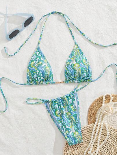 PEPPERMOLLY 全新柔软面料性感前镂空花卉印花细肩带露背沙滩派对比基尼套装，夏季时尚优雅女士泳装