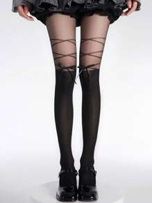 1件蝴蝶装饰洛丽塔超薄性感撞色连裤袜，适合日常穿着 - 适合体重低于132磅的女性