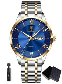 1 pieza Reloj de pulsera de cuarzo de acero inoxidable dorado con estilo de negocios para hombres, con calendario de semana y doble pantalla, resistente al agua 30M, función de manecillas luminosas, reloj casual para hombres con estuche, juego de regalo para hombres