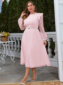Simplee Plus Size Women's Summer New Contrast Lace Pleated Hem Elegant Long Dress, Suitable For Elegant Party, Wedding Guest