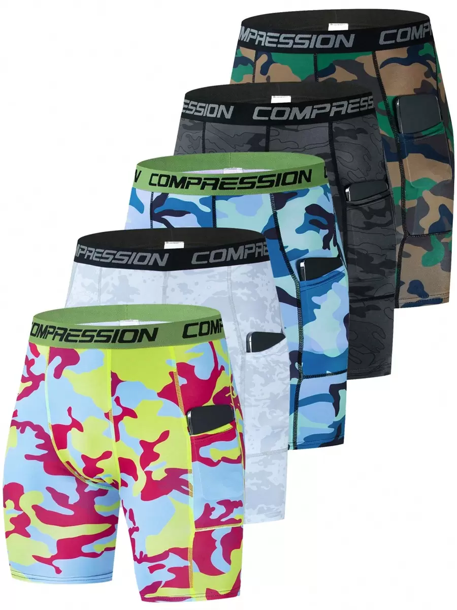 5 Pcs Men's Compression Shorts, Breathable Quick Drying Sports Leggings With Pockets, Suitable For Running, Exercise, And Fitness Underwear - Màu ngụy trang - Xem 1